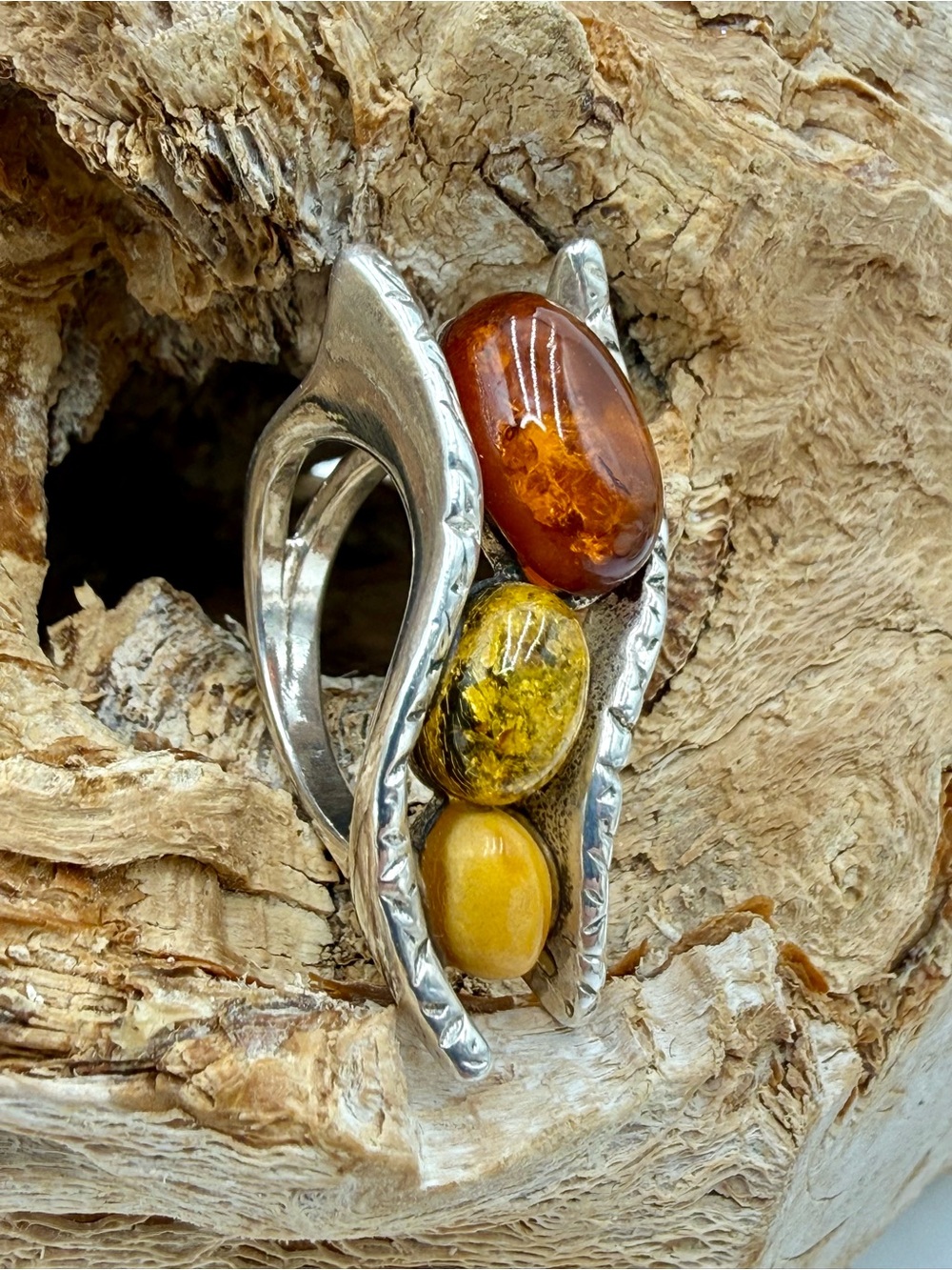 Vintage Sterling Silver Multi-Color Amber Modernist Statement Ring Size 5.5 – 9g